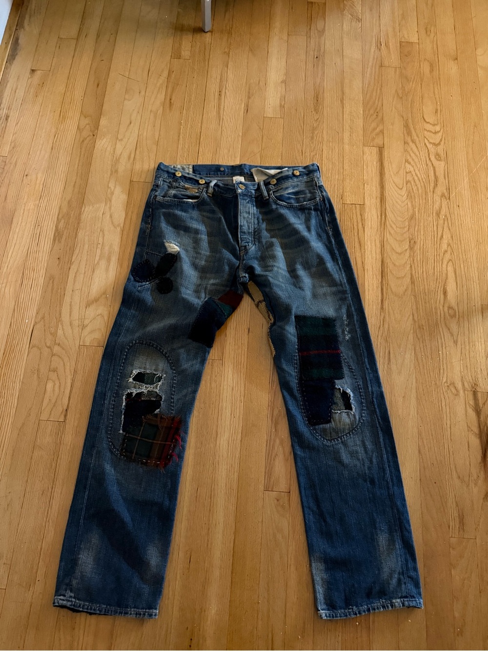 Men's Distressed Patchwork Blue Jeans